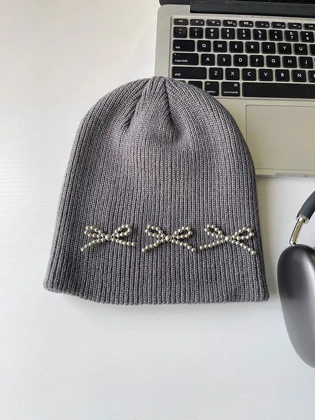 Fashion Beads String Bow Woolen Cap Women Gray - Shop at LoveMi