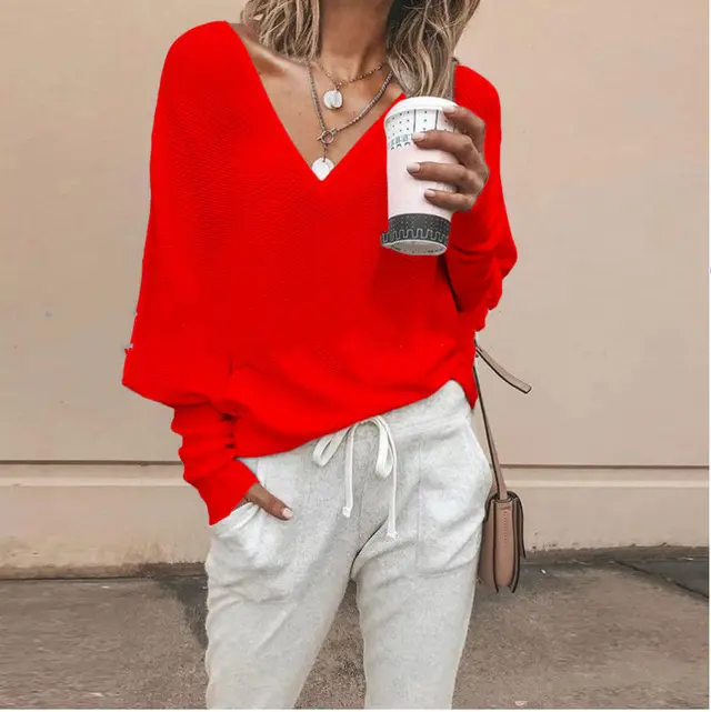 Solid Color And V neck Batwing Sleeve Long Sleeve T shirt Top For Women Red - Shop at LoveMi