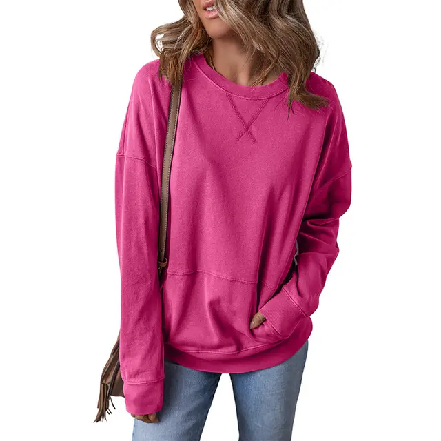 Casual Loose Shoulder Long Sleeve Bottoming Shirt For Women Rose Red - Shop at LoveMi