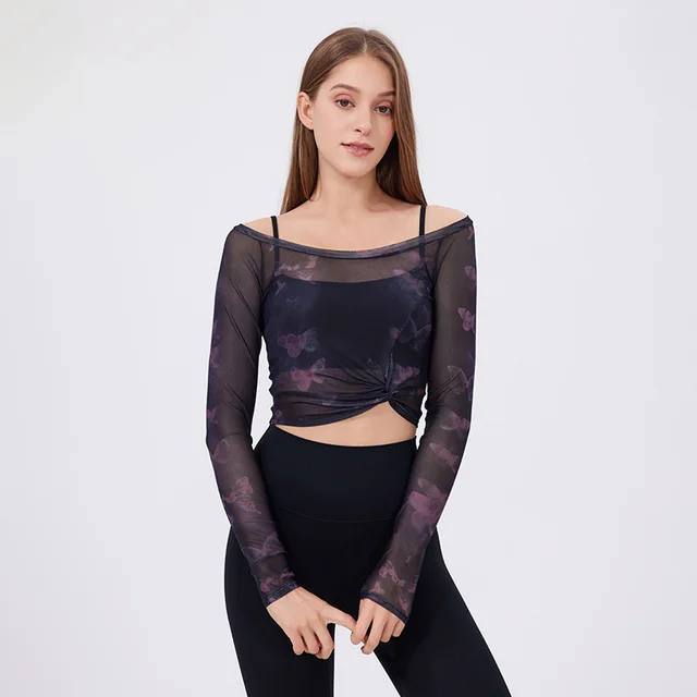 Fake Two piece Sports T shirt Women's Long Sleeve With Chest Pad Black - Shop at LoveMi