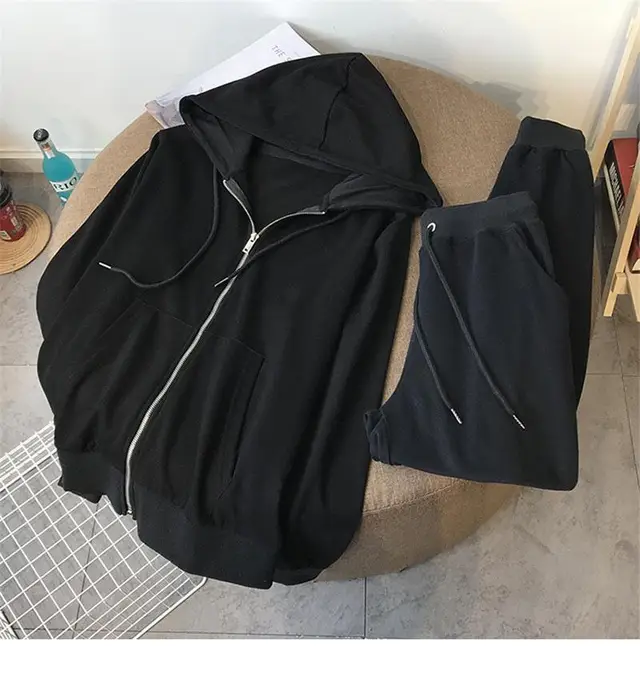 Women's Sweater Zipper Hooded Sweatshirt Two piece Set Loose Leisure Suit Black - Shop at LoveMi