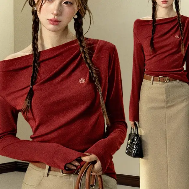 Diagonal Collar Bottoming Shirt Long Sleeve Elegant Knitted Multicolor Red - Shop at LoveMi