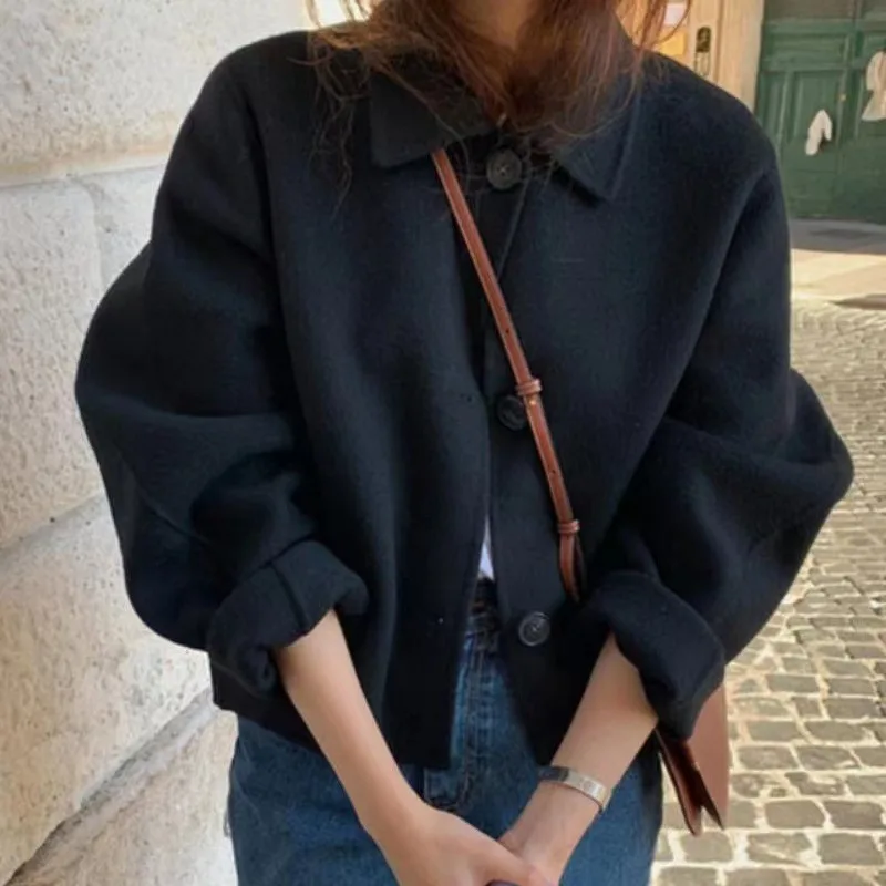 Retro Lapels Leisure Loose Puff Sleeves Woolen Short Coat Black - Shop at LoveMi