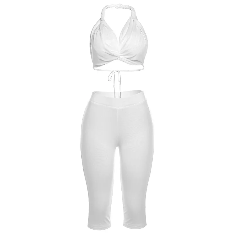 Halter Bikini Backless Lace up Cropped Pants Sexy Suit Beige - Shop at LoveMi