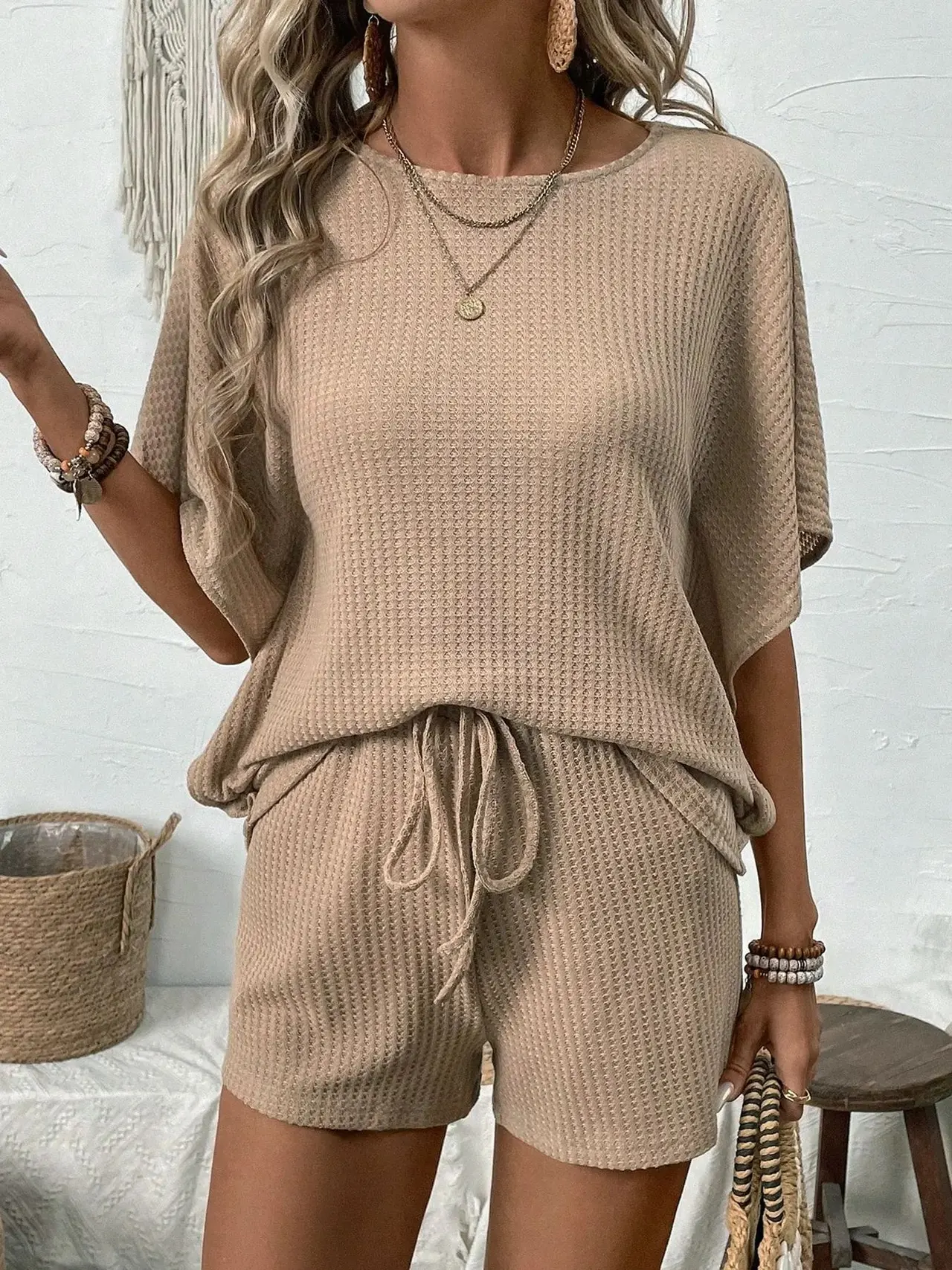 Women's New Short Sleeve Suit Women's Batwing Shirt Shorts - Brown