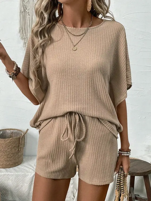 Women's New Short Sleeve Suit Women's Batwing Shirt Shorts Brown - Shop at LoveMi