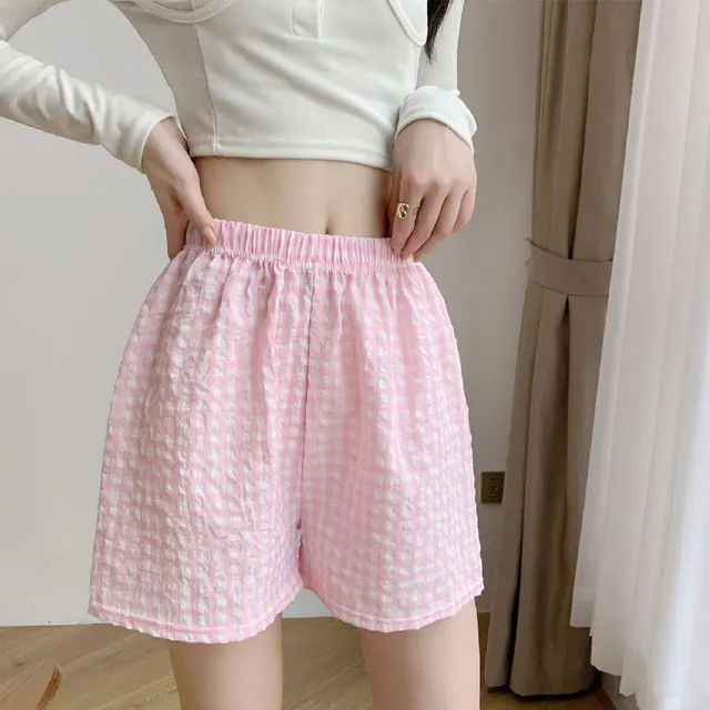 Women's Thin Cotton Silk Plaid Shorts Lovely Pink - Shop at LoveMi