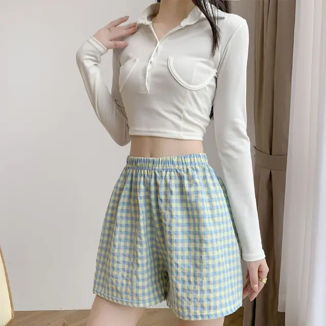 Women's Thin Cotton Silk Plaid Shorts Plaid Blue - Shop at LoveMi