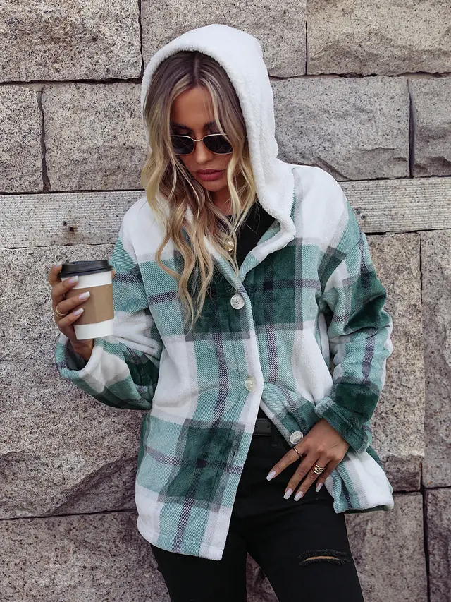 Mid length Loose Gold Mink Velvet Coat Dark Green Line Grid - Shop at LoveMi