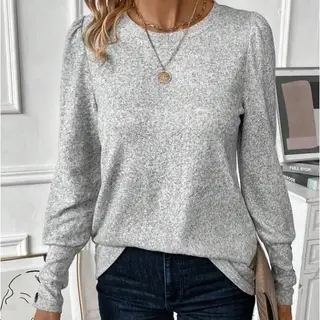Round Neck Long Sleeve Clinch Loose Sweater - Silver