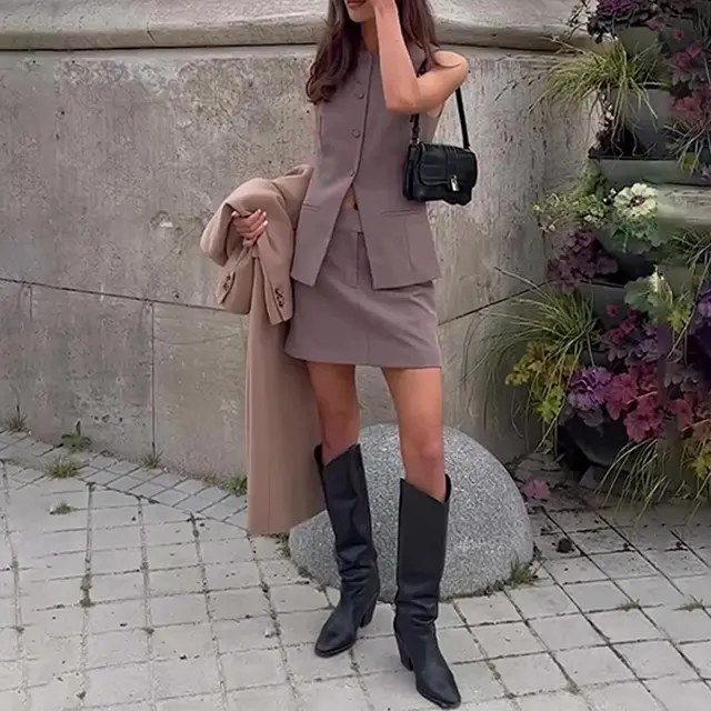 Women's Fashion Sleeveless Vest Skirt Outfit Dark Brown - Shop at LoveMi