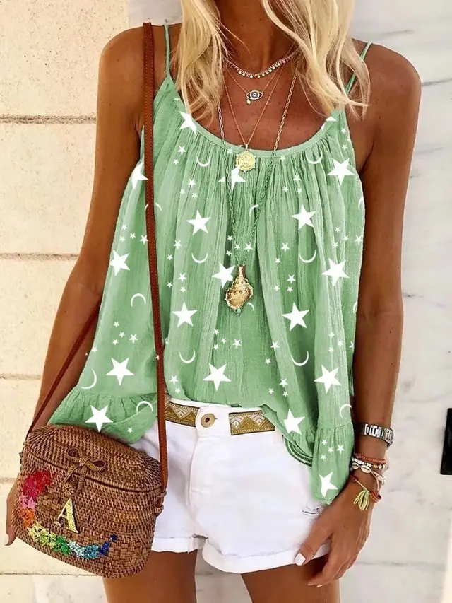 V neck Printed Vest Camisole Top For Women Green - Shop at LoveMi