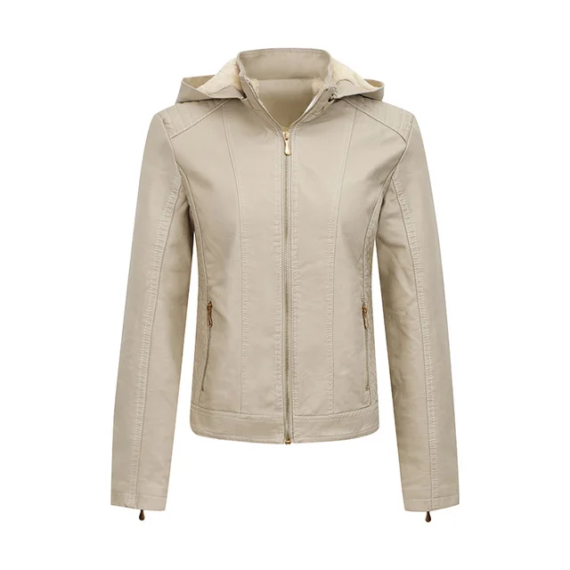 Women's Clothing Fleece lined Thickened Leather Coat Hooded Beige - Shop at LoveMi