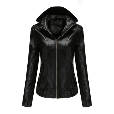 Women's Clothing Fleece lined Thickened Leather Coat Hooded Black 2 - Shop at LoveMi