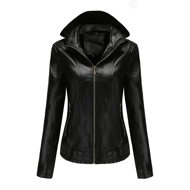 Women's Clothing Fleece lined Thickened Leather Coat Hooded Black 2 - Shop at LoveMi