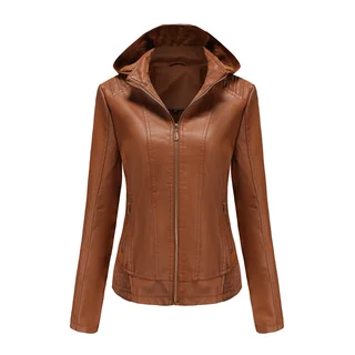 Women's Clothing Fleece-lined Thickened Leather Coat Hooded - Brown 2