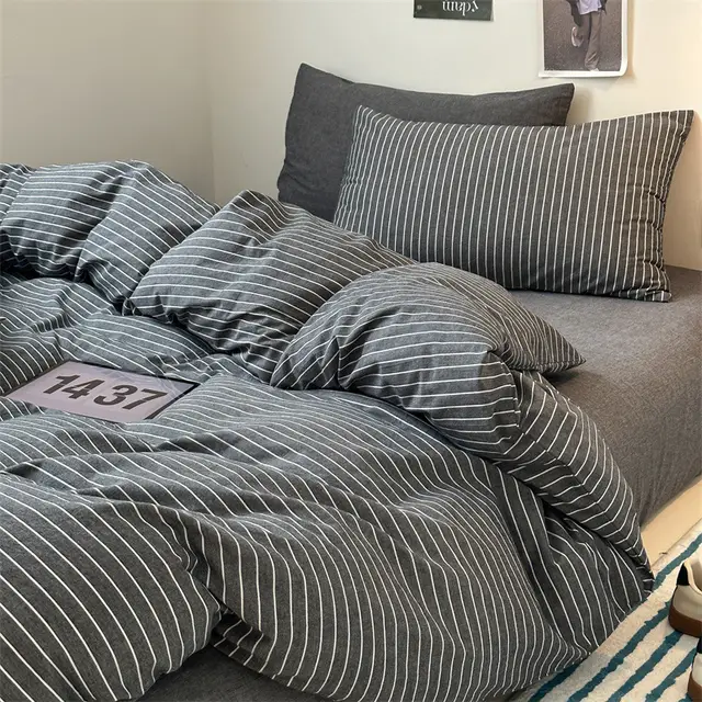 Cotton Classic Japanese Retro Pinstripe Bed Four piece Set Minimalist Striped Gray - Shop at LoveMi
