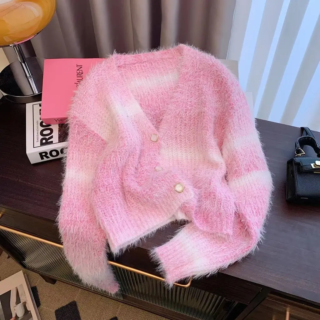 Lazy Gradient Colour Sweater Cardigan Coat - Pink