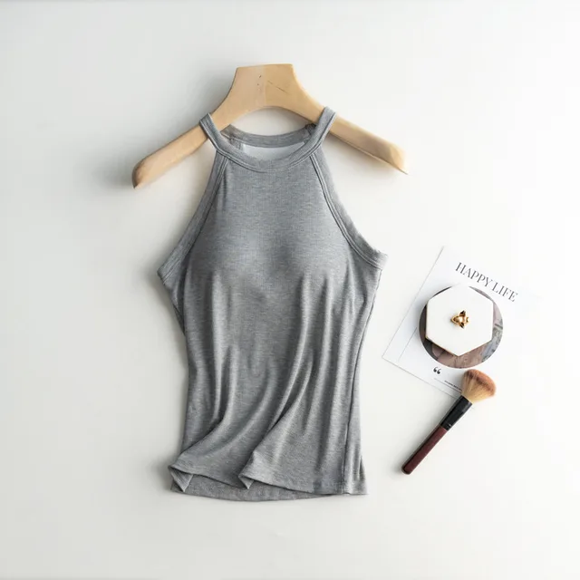 New Solid Color Back Shaping Padded Halter Spaghetti Straps Vest Gray - Shop at LoveMi