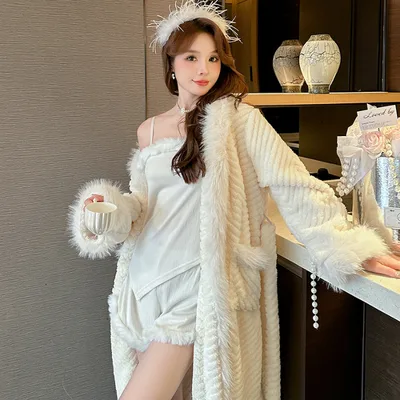 Women's Thick Flannel Pajamas Luxury French Style B78503Three Piece Set M - Shop at LoveMi