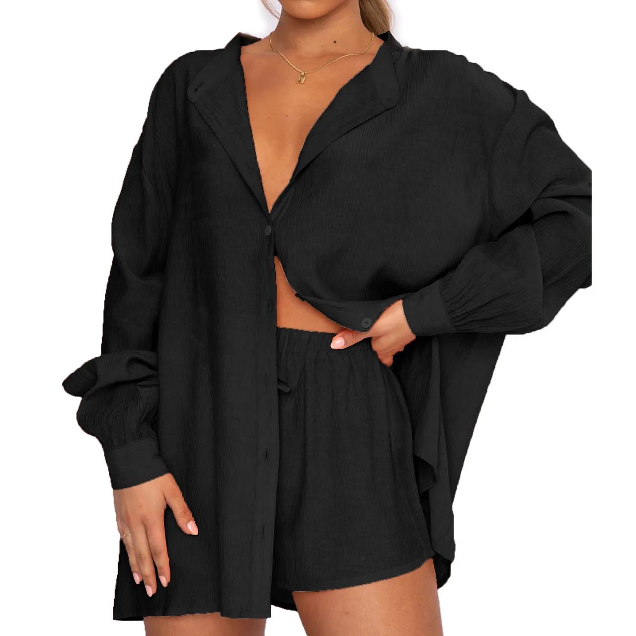 Foreign Trade Casual Shirt Shorts Two-piece Set - Black