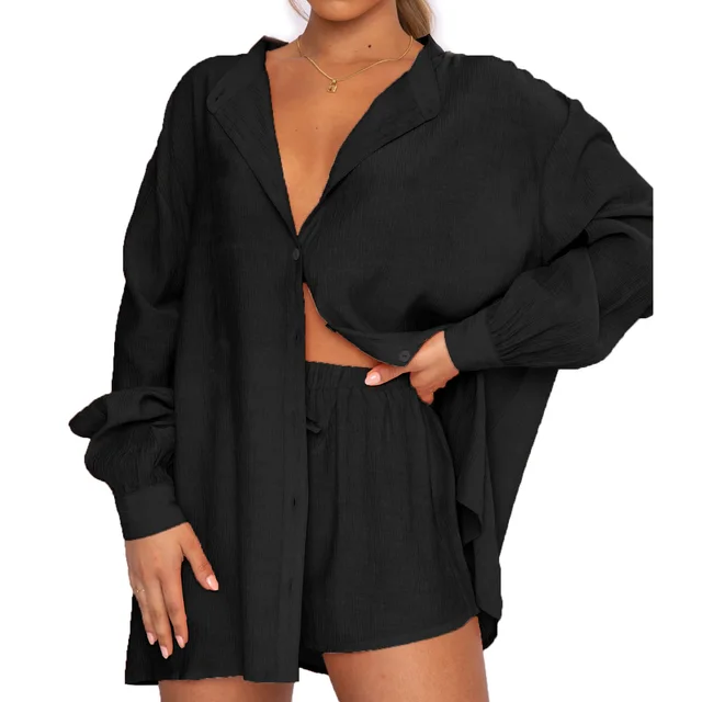Foreign Trade Casual Shirt Shorts Two piece Set Black - Shop at LoveMi
