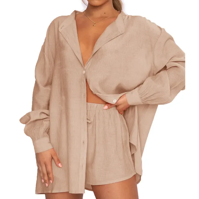 Foreign Trade Casual Shirt Shorts Two piece Set Khaki - Shop at LoveMi