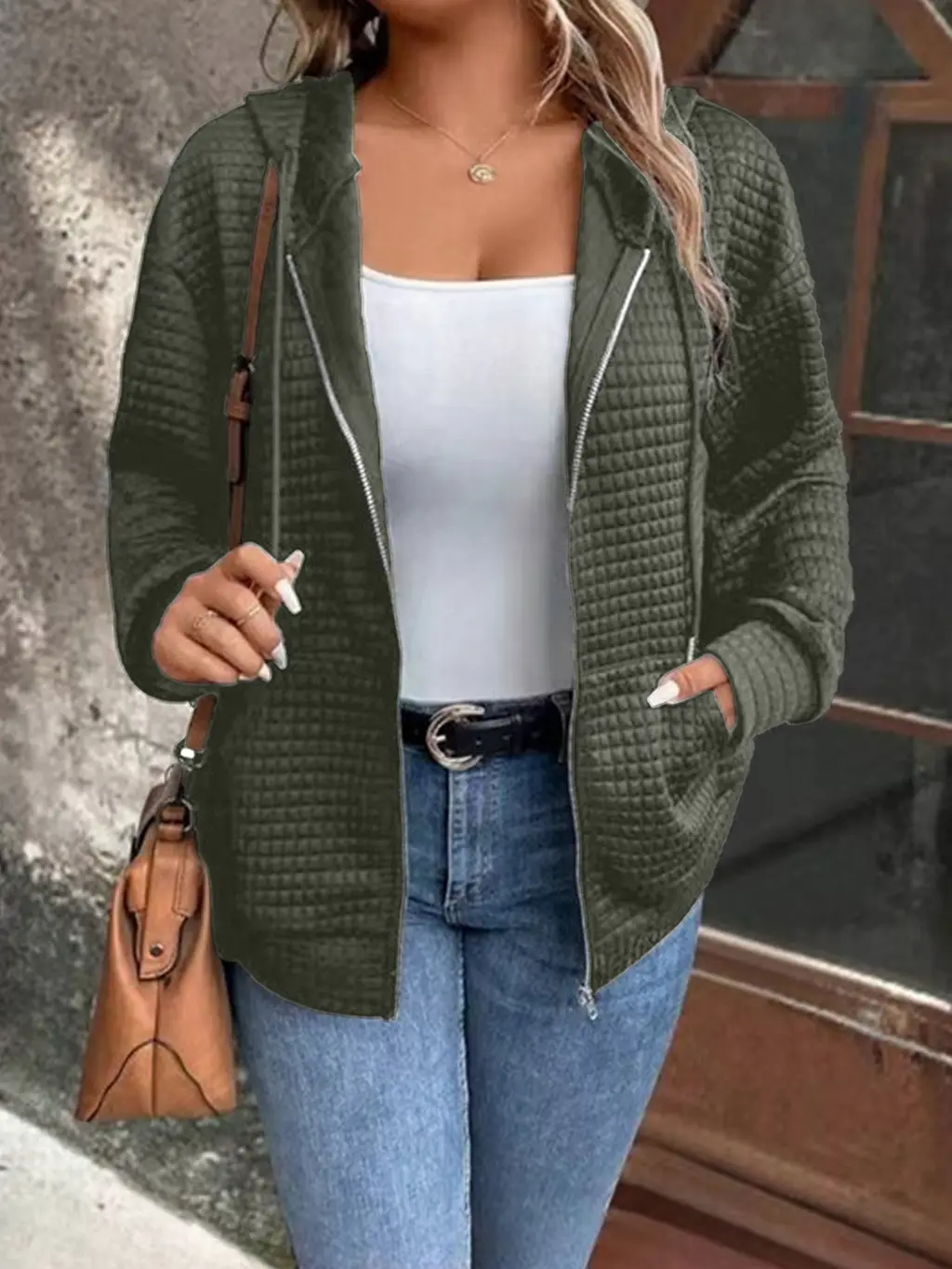 Waffle Hooded Drawstring Long Sleeve Sports Jacket - Green