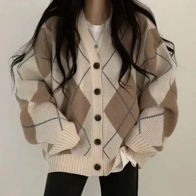 College Style Rhombus Contrast Color Loose V neck Knitted Cardigan Khaki - Shop at LoveMi