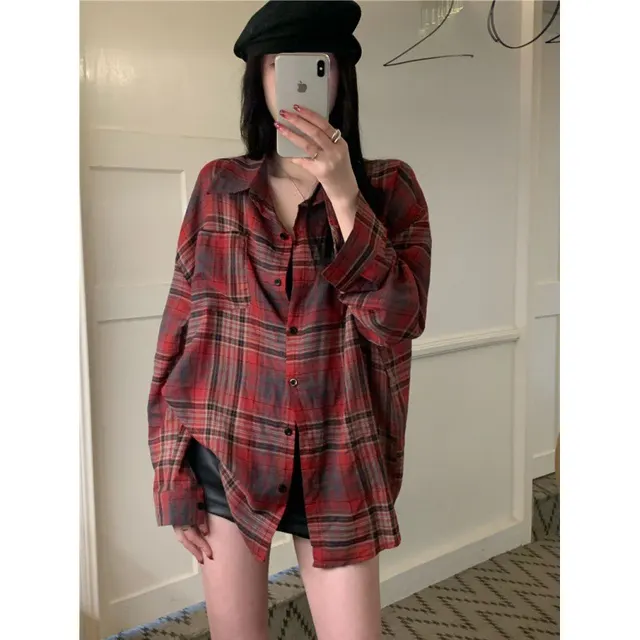 Top Loose Style Anti DDoS Blouse All matching Shirt Red Plaid - Shop at LoveMi