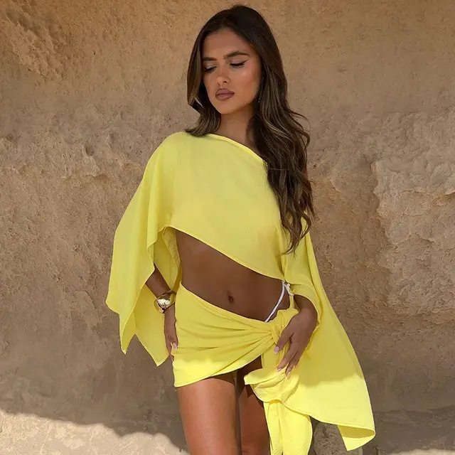 Vacation Style Fashion Off shoulder Top Wrap Skirt Two piece Set For Women Yellow - Shop at LoveMi