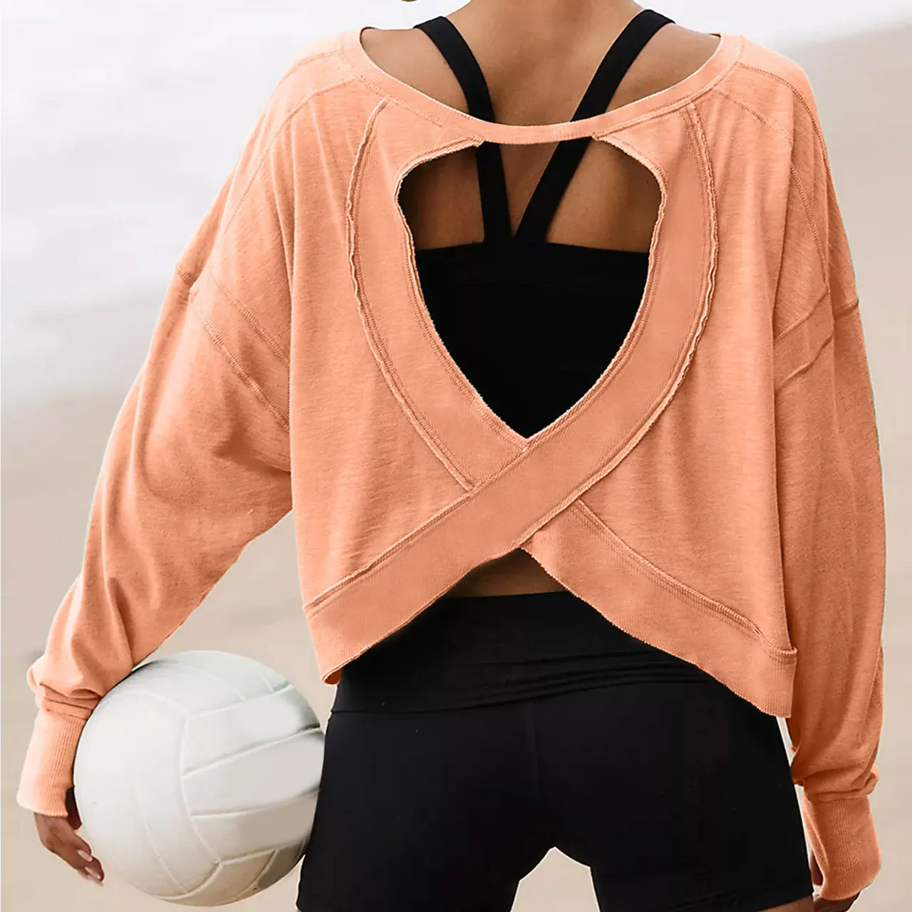 Hollow Backless Long Sleeves Loose T-shirt - Orange