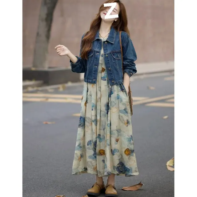 Oil Painting Floral Dress Set Long Sleeves Denim Coat Floral Skirt - Shop at LoveMi
