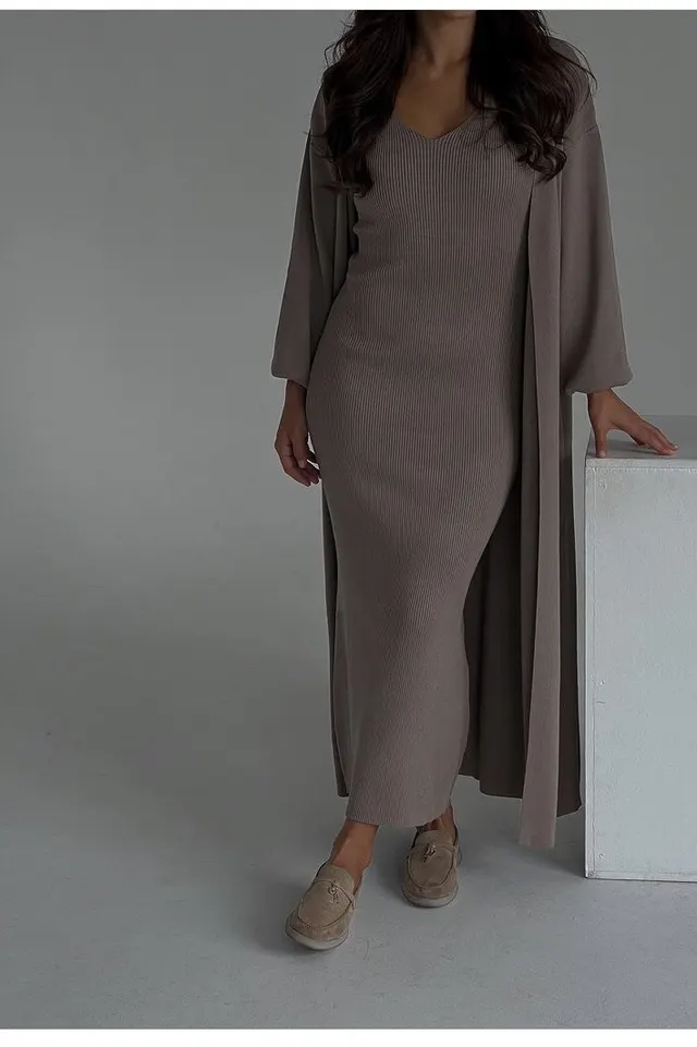 Solid Color Slim Sweater Overknee Dress Suit Dark Brown - Shop at LoveMi