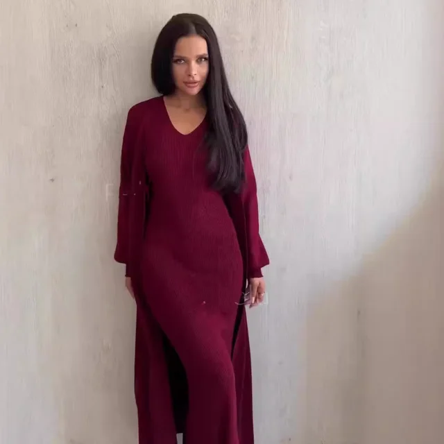 Solid Color Slim Sweater Overknee Dress Suit Wine Red - Shop at LoveMi