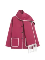 Women's Woolen Coat Thick Loose With Scarf - Rose