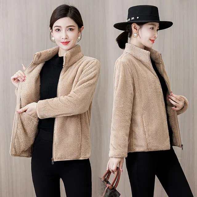 Autumn And Winter Thickened Double sided Coral Fleece Coat For Women Khaki - Shop at LoveMi