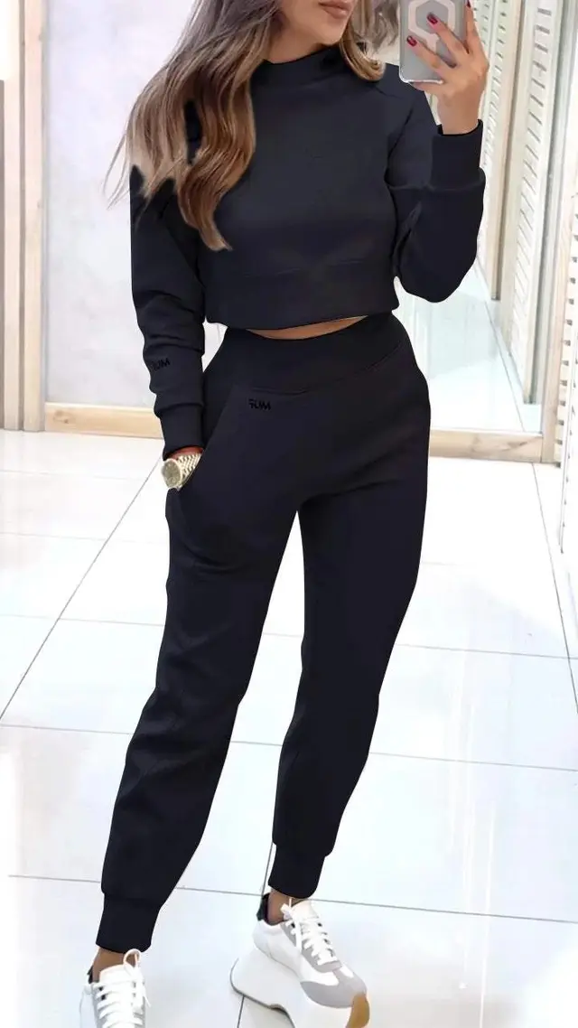 Stand Collar Sports Suit Fashion Pullover Long sleeves Short Top And Slim Trousers With Pockets Solid Outfits Women's Clothing Black - Shop at LoveMi