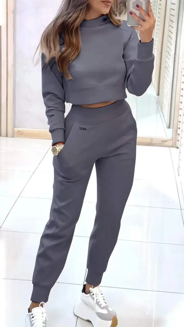Stand Collar Sports Suit Fashion Pullover Long sleeves Short Top And Slim Trousers With Pockets Solid Outfits Women's Clothing Dark Gray - Shop at LoveMi