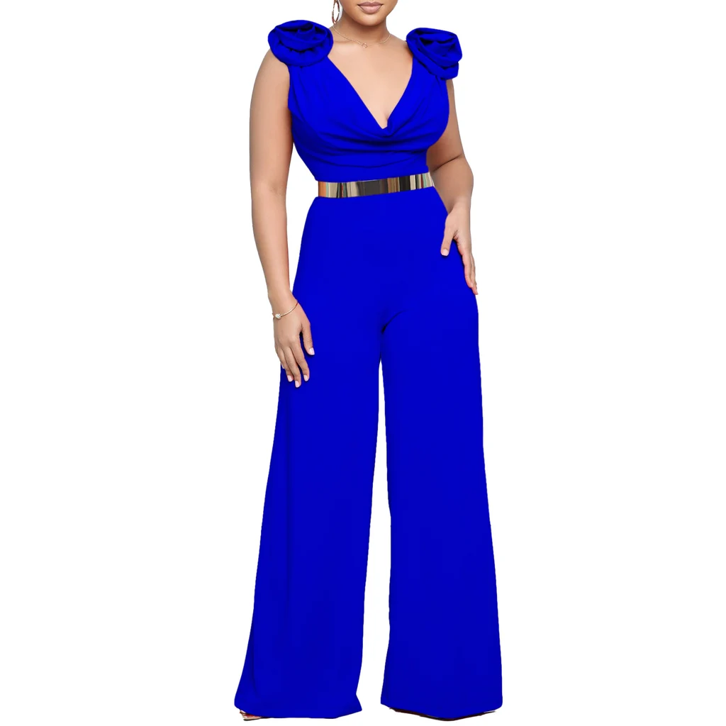 New Fashion V-neck Solid Colour Turtleneck Sleeveless Fitted Waist Jumpsuit - Sapphire Blue With Belt