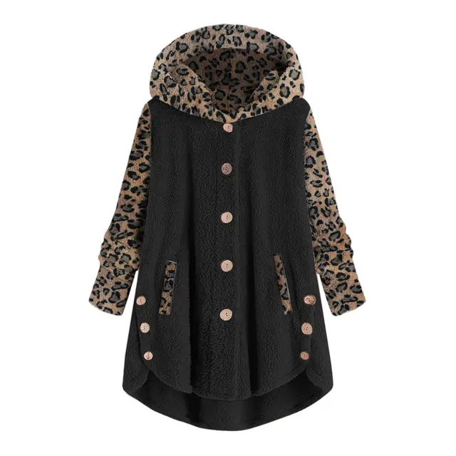 Autumn And Winter Button Long Sleeve Leopard Splicing Hooded Plush Coat For Women Black - Shop at LoveMi