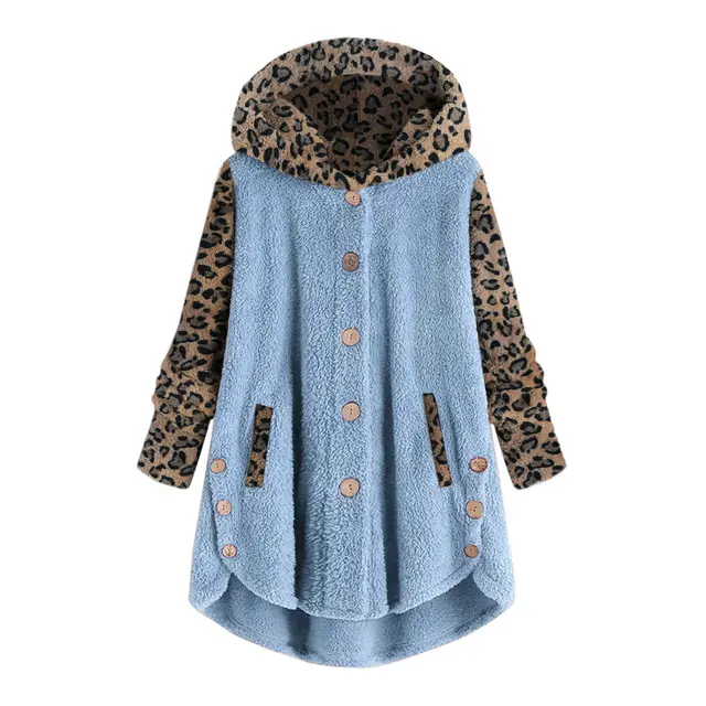Autumn And Winter Button Long Sleeve Leopard Splicing Hooded Plush Coat For Women Blue - Shop at LoveMi