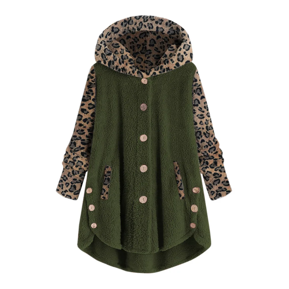 Autumn And Winter Button Long Sleeve Leopard Splicing Hooded Plush Coat For Women - Green