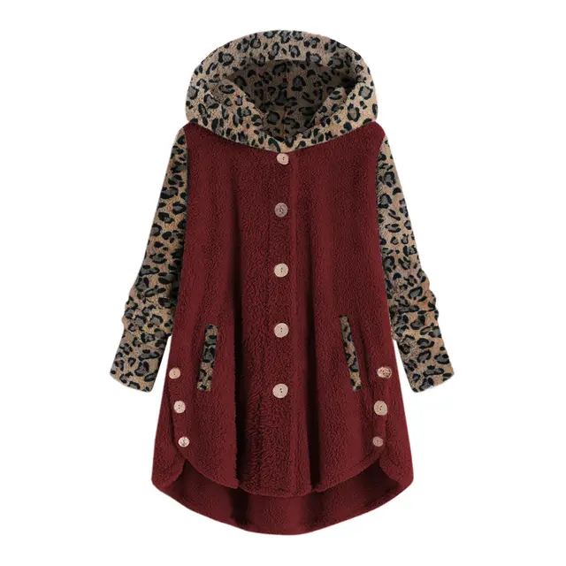Autumn And Winter Button Long Sleeve Leopard Splicing Hooded Plush Coat For Women Wine Red - Shop at LoveMi