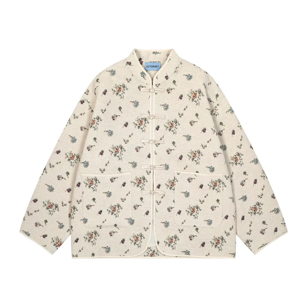 Loose Retro Jacquard Heavy Industry Baseball Uniform Jacket Apricot - Shop at LoveMi