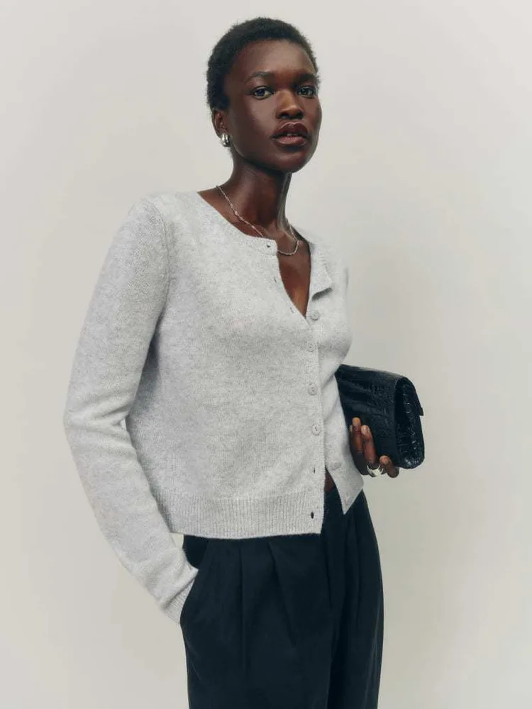 Women's Long sleeved Knitted Cardigan Top Button White Flower Gray - Shop at LoveMi