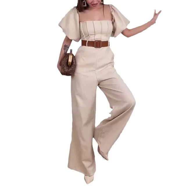 Square Collar Solid Color Sleeve Fitted Waist Backless Temperament Straight Jumpsuit Apricot - Shop at LoveMi