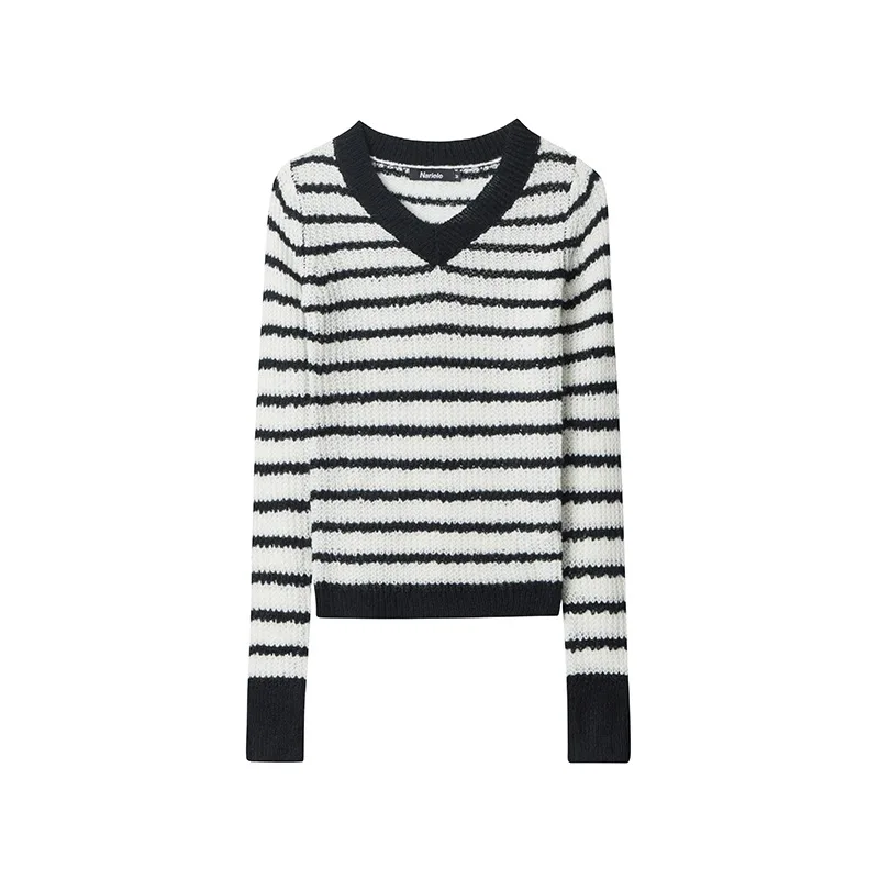 European And American V neck Striped Design Minority Style New Long Sleeve Contrast Color Sweater Apricot - Shop at LoveMi