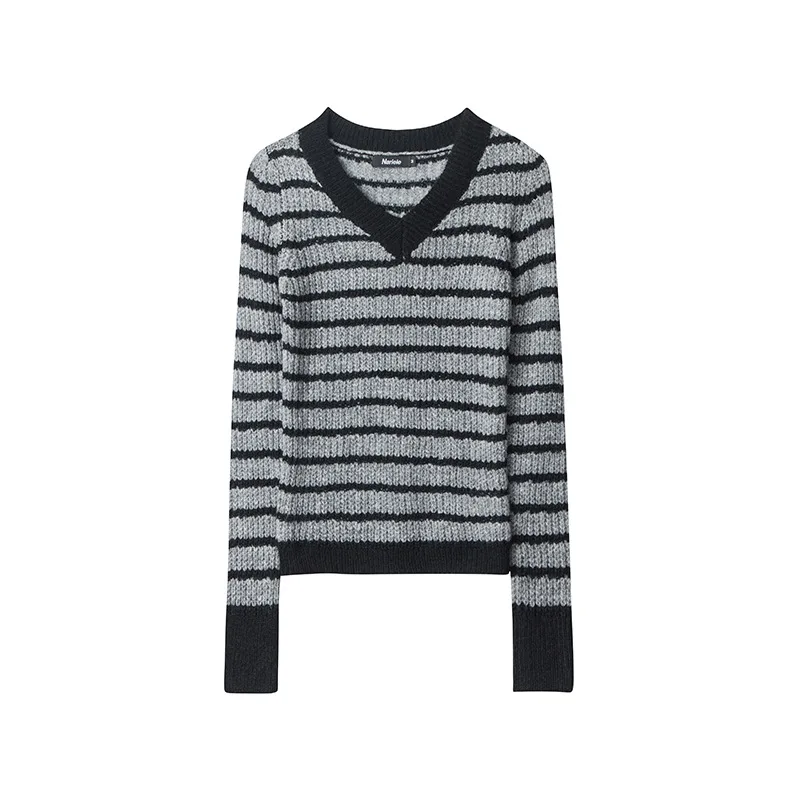 European And American V neck Striped Design Minority Style New Long Sleeve Contrast Color Sweater Flower Gray - Shop at LoveMi