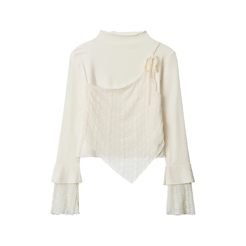 European And American False Two piece Patchwork Long Sleeve Apricot - Shop at LoveMi